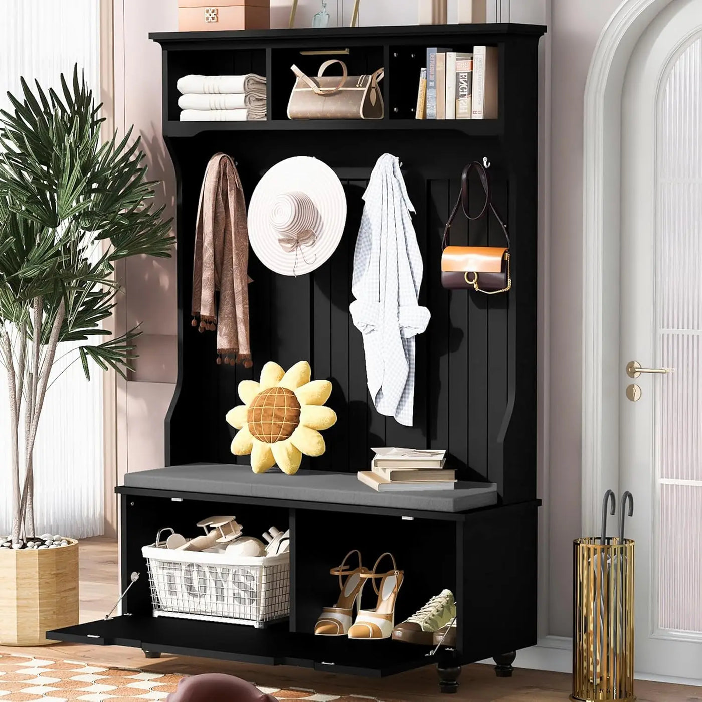 Coat Rack with Storage Bench, Shoe Cabinet with Cube Storage & Shelves, Hall Tree with 8 Hooks for Entryways, Clothes Racks