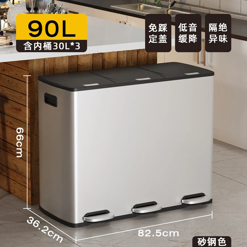 Kitchen Classification Garbage Bin 2-in-1 Household Dry Wet Separation Stainless Steel Pedal Double Bin with Lid Large Capacity