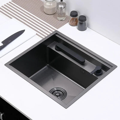 Cloaking Nanometer Double Cover Hidden Kitchen Sink 304 Stainless Steel Handmade Brushed Single Kitchen Sink with Lifting Faucet