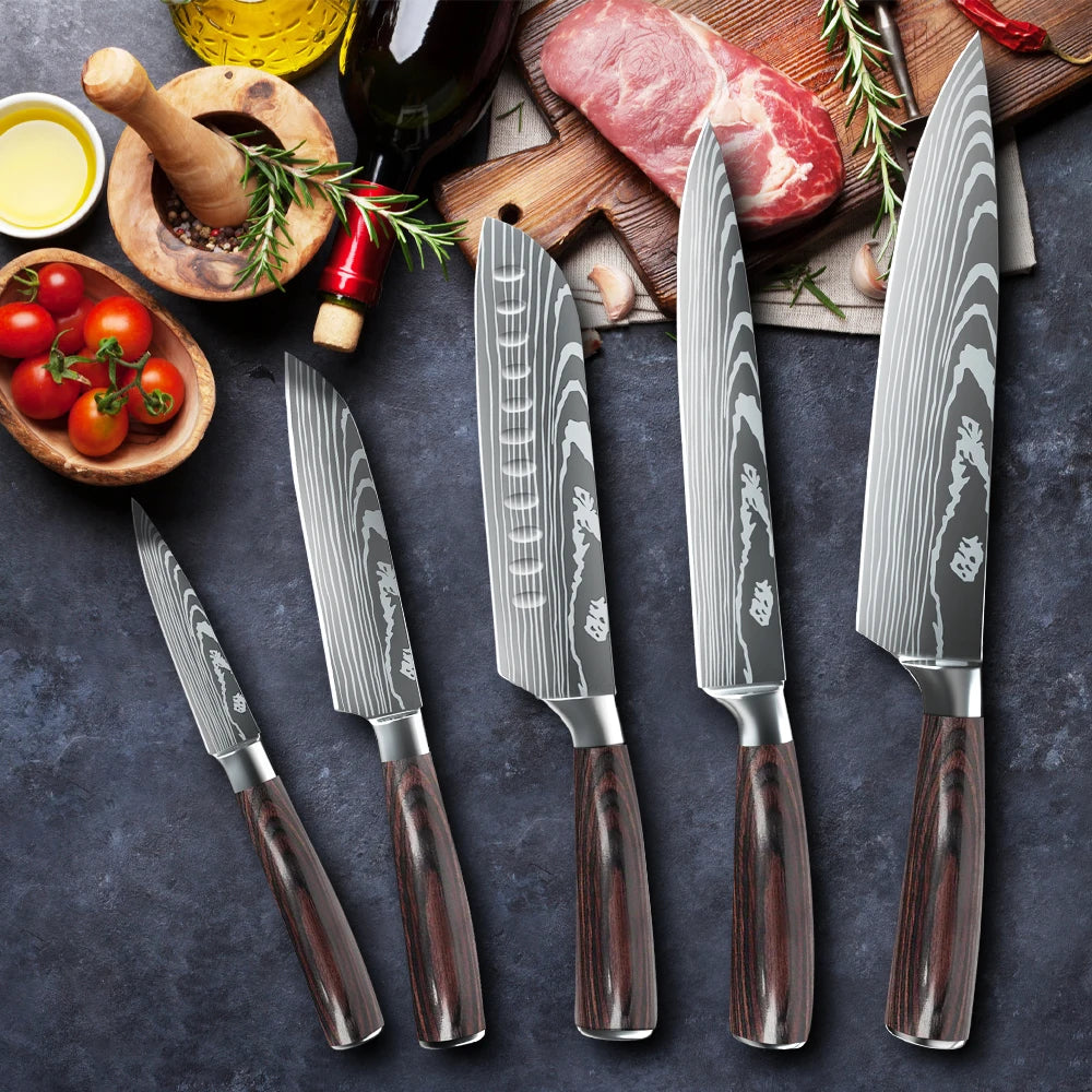 3-10PCS Kitchen Knife Set Professional Chef Knife 7CR17 Germany Stainless Steel Damascus Laser Meat Cleaver Slicing Santoku