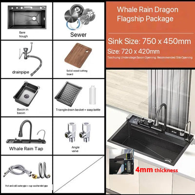 Double Waterfall Sink Embossed Stainless Steel Kitchen Sink Large Single Slot Digital Display Wash Basin Dishwashing pond