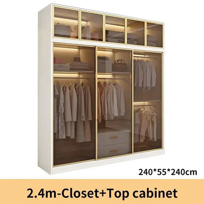 Italian Clothes Cabinet With LED Light And Storage Drawers Transparent Glass Sliding Door Bedroom Wardrobes Luxury Wood Closets