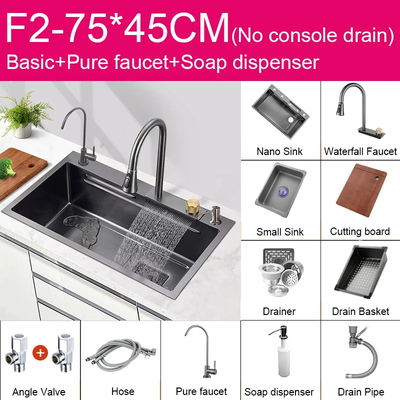 Multifunction Black Nano Kitchen Sink Waterfall Faucet Large Single Bowl Cup Washer Pure Tap Soap Dispenser 304 Stainless Steel