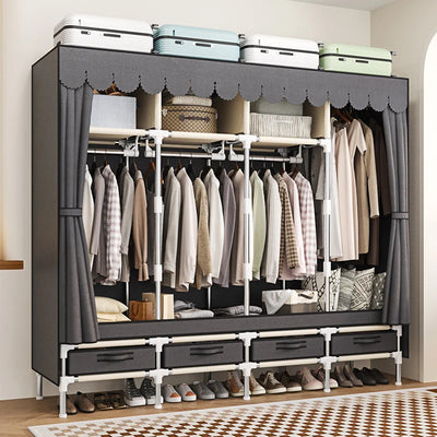 Grey easy zipper double bar wardrobe with drawers for easy assembly - durable clothing storage solution