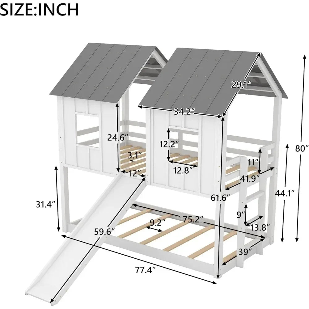 Wooden Bunk Bed with Windows, Guardrails and Twin Size Children Furniture Ladder,Modern Children Beds Playhouse Bunk Bed