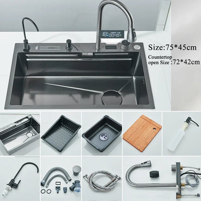 304 Stainless Steel Waterfall Kitchen Sink Large Single Slot Integrated Digital Display Faucet Set Soap Dispenser Cup Washer