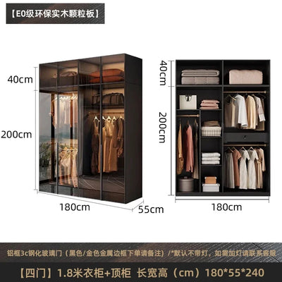 Solid wood wardrobe, bedroom home glass door L-shaped modern light luxury corner cloakroom storage cabinet combination wardrobe