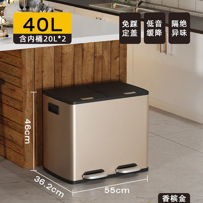 Kitchen Classification Garbage Bin 2-in-1 Household Dry Wet Separation Stainless Steel Pedal Double Bin with Lid Large Capacity