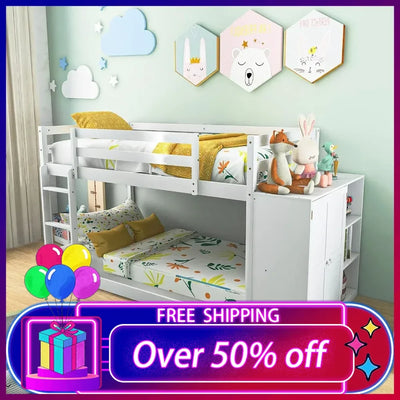 Twin Over Twin Bunk Bed with Storage Shelves, Solid Wood Bunk Bed Frame with Convertible Bookcase & Ladder for Kids Teens