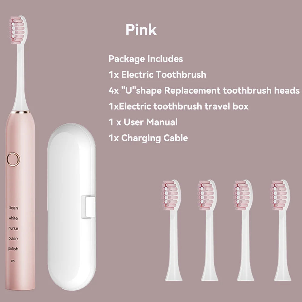 Sonic Electric Adult Toothbrush Rechargeable With 4 Replacement Brush Heads 5 Modes and 3 Intensity 2 Minute Intelligent Timer