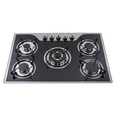 5 Burner Gas Cooker Stove NG/LPG Built-in Gas Hob, Black Glass Cooker 90x51cm Cooking Hob with Battery Automatic Pulse Ignition