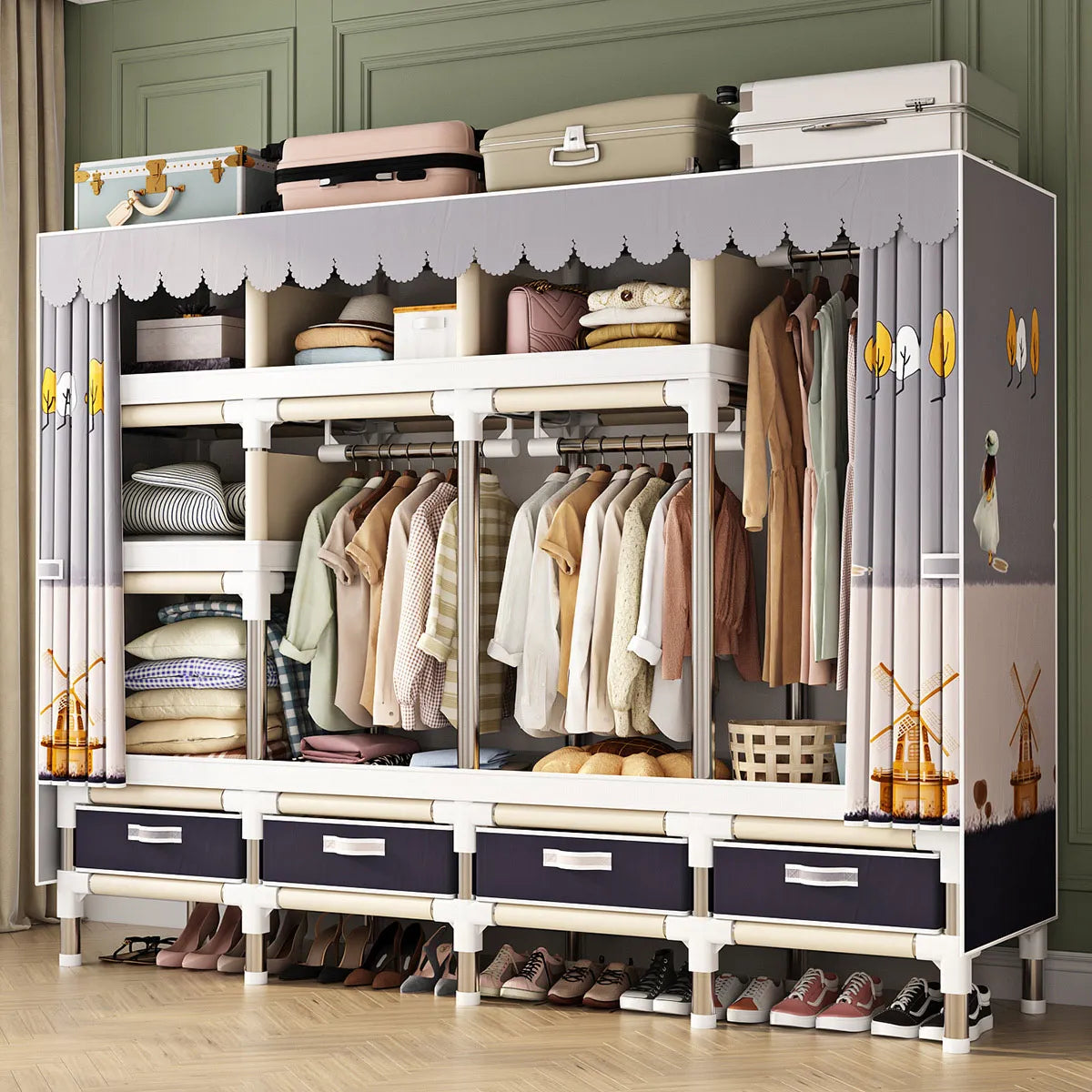 Large Wardrobe Rental Room Bedroom Clothes Closet Double Rod Clothes Storage Organizer Wardrobes Living Room Home Furniture