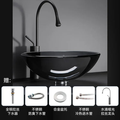 42cm Round Tempered Glass Sink Blue Bathroom Washbasin Hotel Balcony Countertop Art Basin Transparent Bowl Basin With Drain Sets