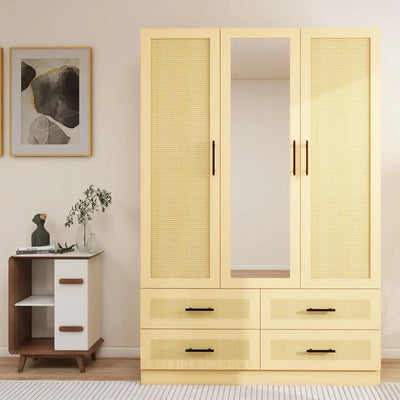 Wardrobe Closet, Bedroom Armoires Cabinet Wooden with Hanging Rod Inside Cabinet and Drawers