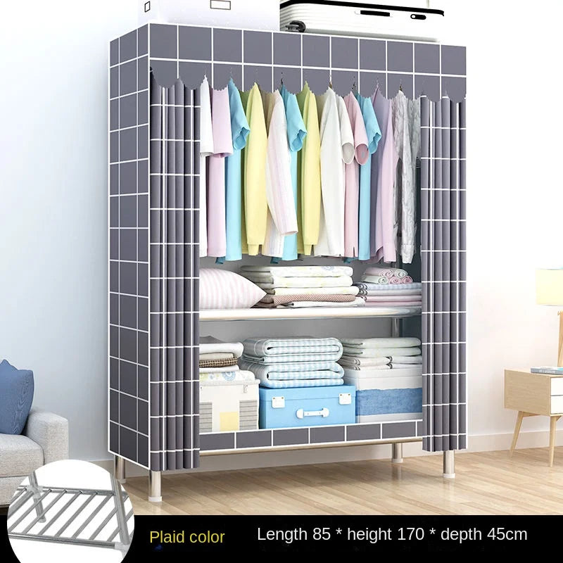 Simple Wardrobe Cloth Closet Furniture For Home Household Bedroom Assembly Cabinet Steel Pipe Reinforced Storage Rack Wardrobe