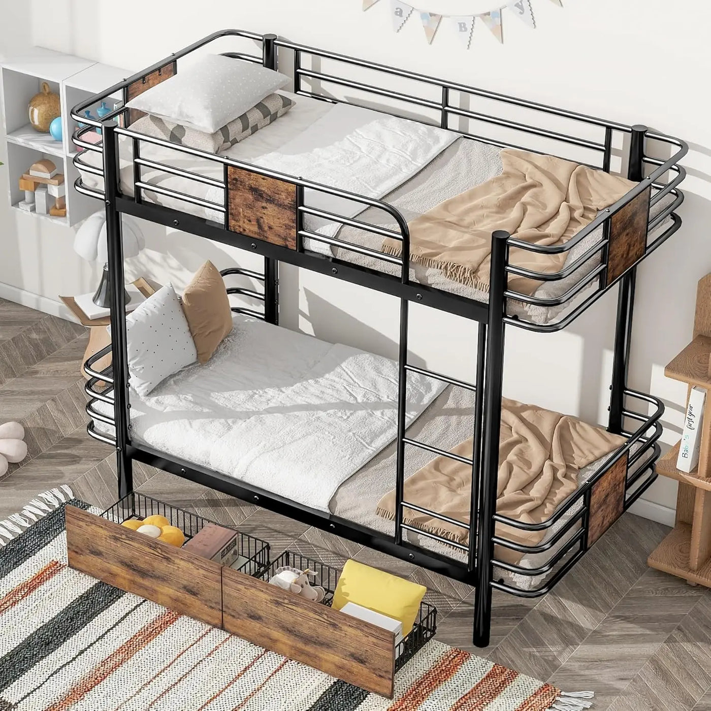 Metal Bunk Bed with Trundle, Twin Over Twin Bunk Bed Frame with Safety Guard Rails for Kids, No Box Spring Needed, Children Beds