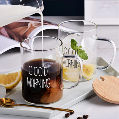 GOOD MORNING Coffee Mug Transparent Breakfast Cup Heat Resistant Glass Cup Teacup Iced Juice Water Cup Wine Beer Glass Drinkware