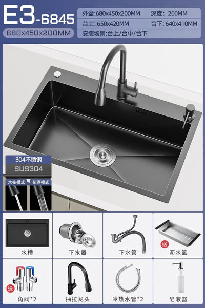 Stainless steel black sink, large single sink, hand-thickened kitchen under-counter basin, vegetable basin, dishwasher