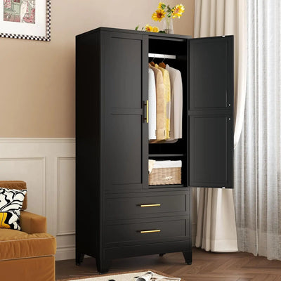 Metal Wardrobe Closet with 2 Doors & 2 Drawers, 71" Tall Armoire Wardrobe Closet with Hanging Rods and Adjustable Shelf,