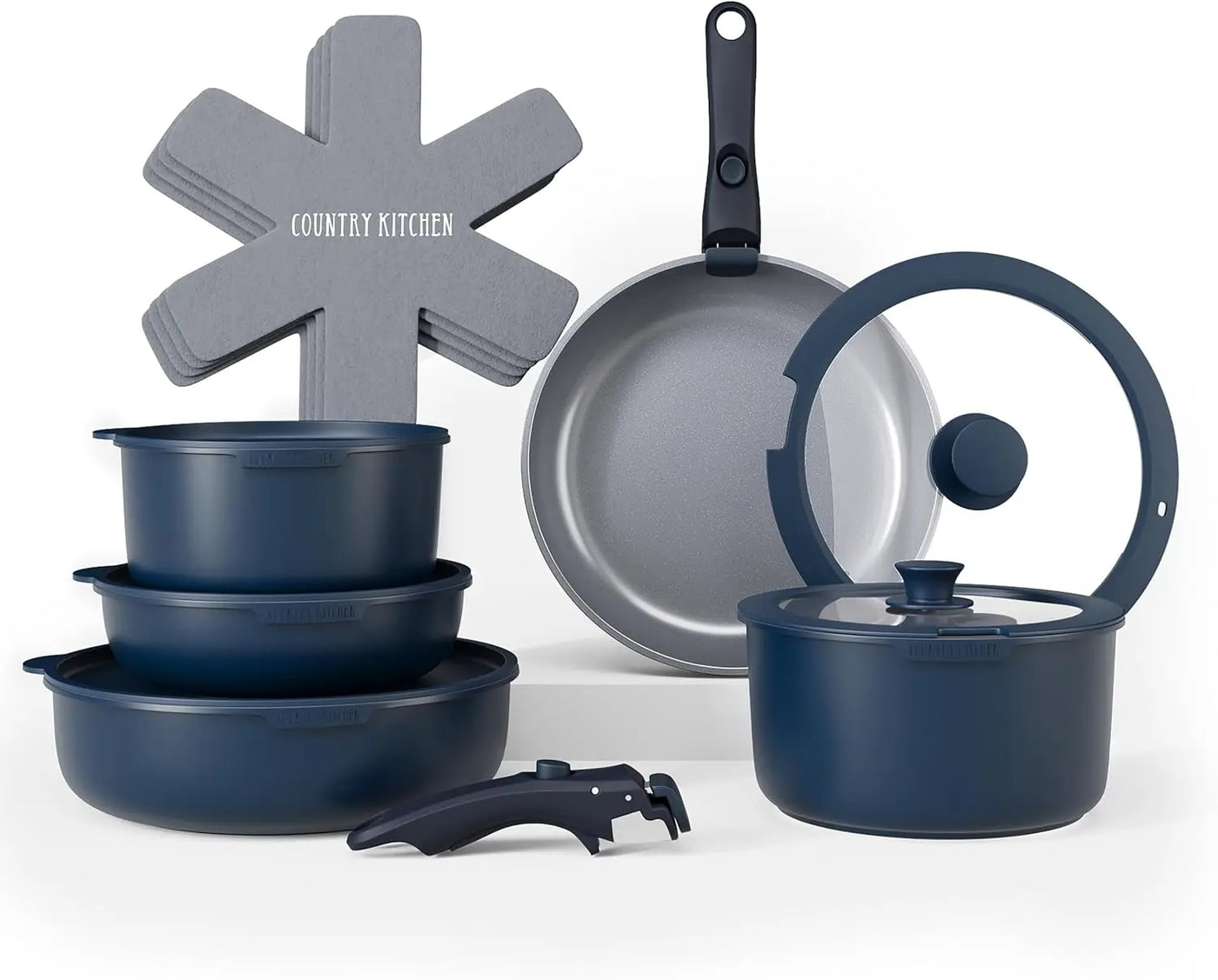 Cookware Set with Removable Handle, Oven & RV Safe Pots and Pans Set, Black/Grey Wood Handle