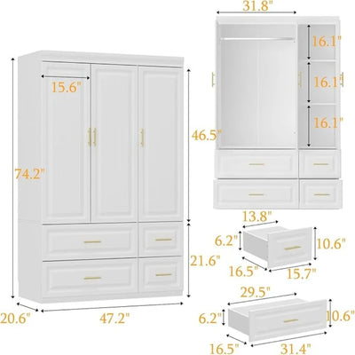 3 Door Wardrobe Armoire Closet, Bedroom Armoire with 4 Drawers & Shelves, Clothes Wardrobe with Hanging Rod & Gold Handles