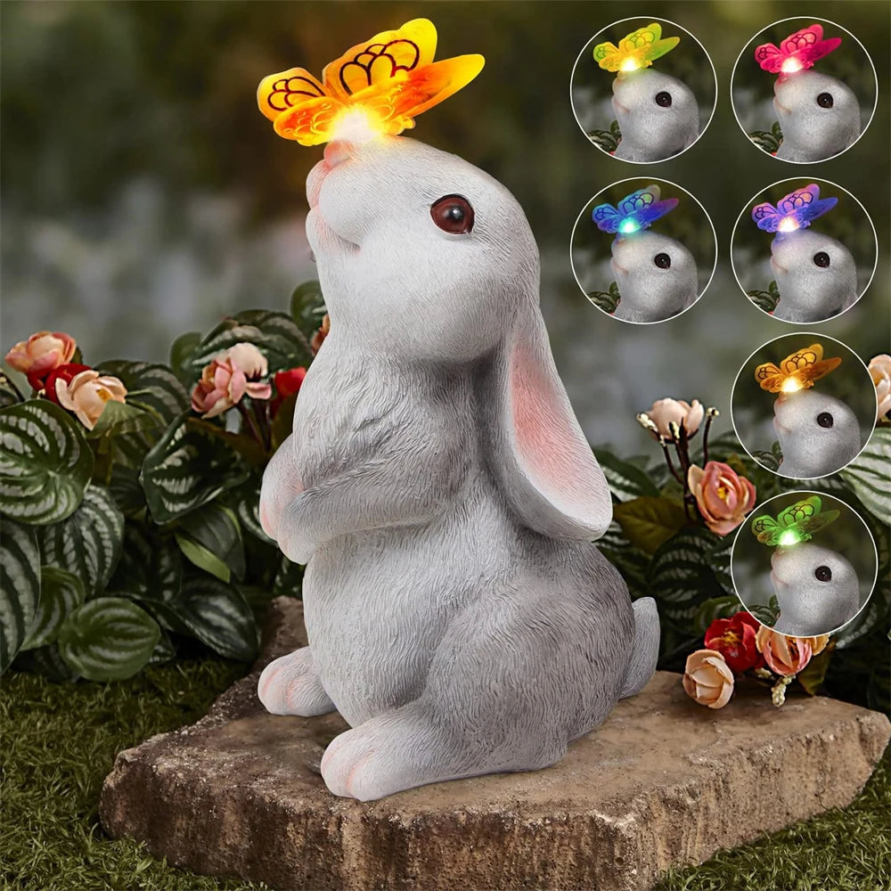 Solar Bunny Statue Garden Decor with Butterfly LED Light Resin Animal Sculpture Figurine Outdoor Decoration for Garden Courtyard