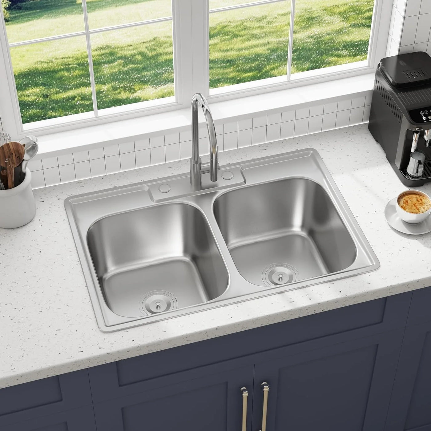 33 Inch Double Bowl Kitchen Sink Topmount 50/50 Drop In 18 Gauge 304 Stainless Steel Sinks with Basket Strainer 33" x 22" x 9"