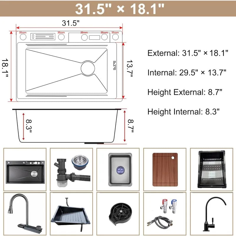 Black Kitchen Sink Twin Waterfall Kitchen Sink 31.5" Stainless Steel Single Bowl Sink with Faucet, Modern Honeycomb Nano