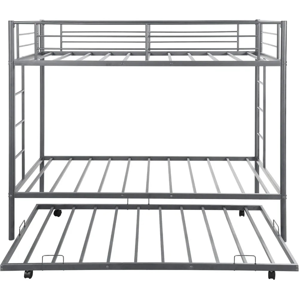 Metal Bunk Bed with Trundle, Twin Over Twin Bunk Bed Frame with Safety Guard Rails for Kids, No Box Spring Needed, Children Beds