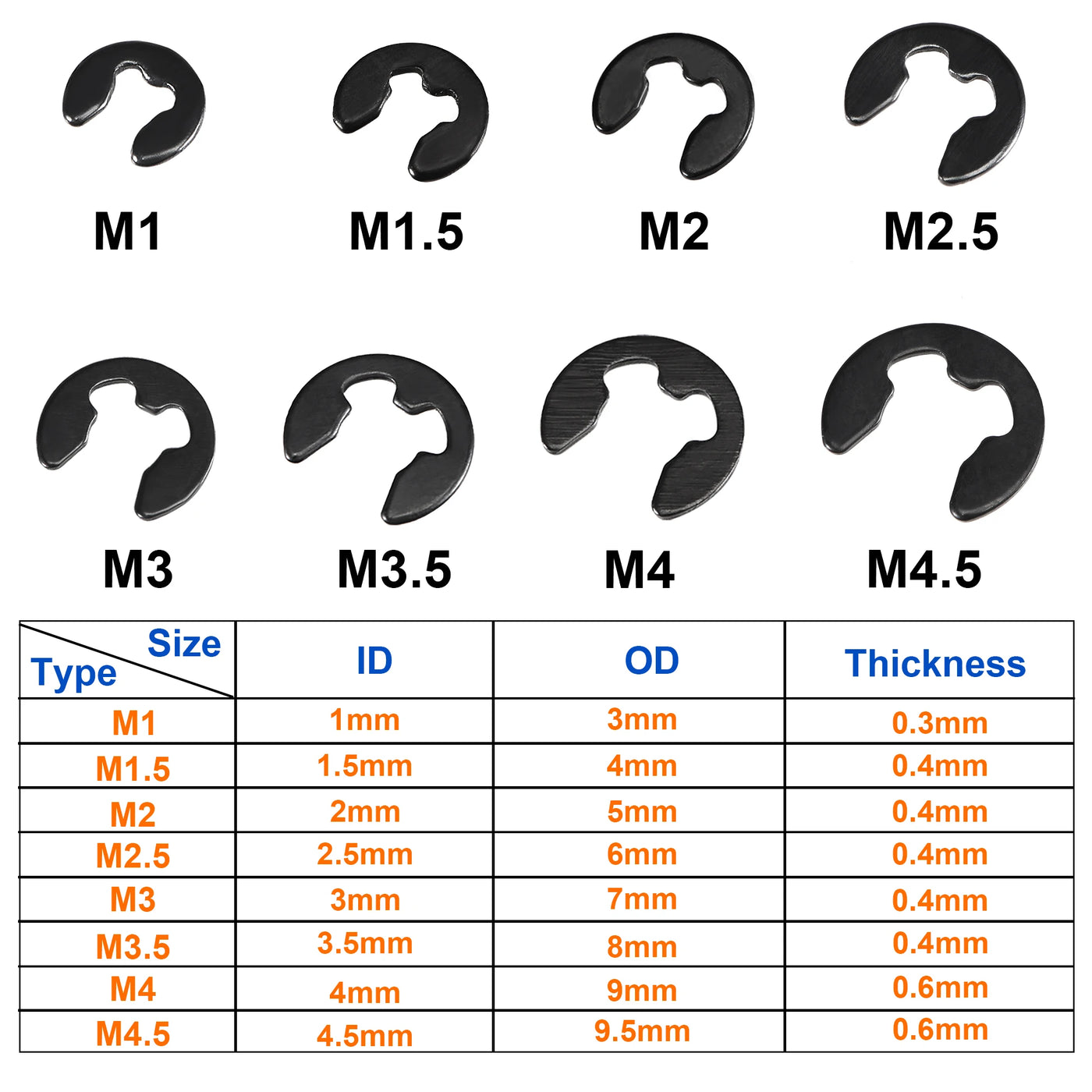 UXCELL 300Pc E-Clip Washers M1 M1.5 M2 M2.5 M3 M3.5 M4 M4.5 M5-M11 Circlip Retaining Shaft Snap Ring Carbon Steel Assortment Set