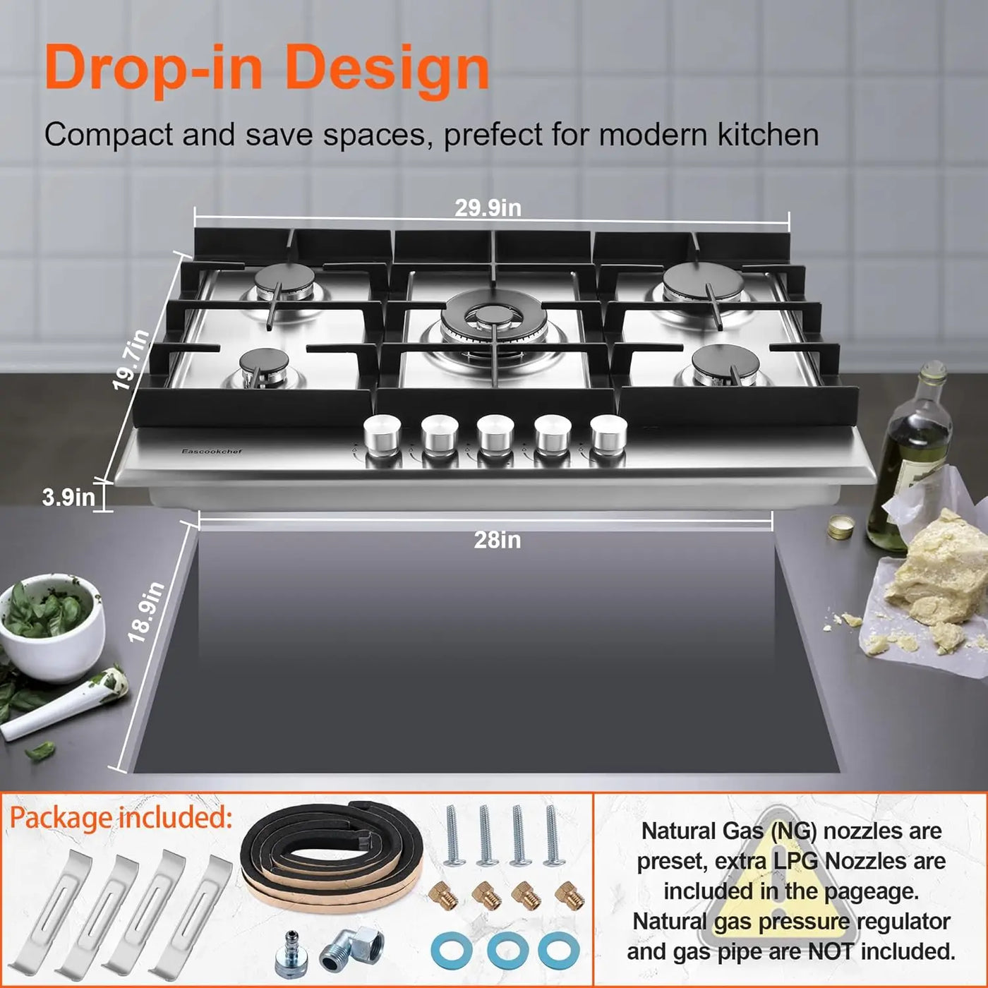 Stove Top with 5 High Efficiency Burners, Bulit-in Stainless Steel Gas Hob for Kitchen, NG/LPG Convertible Gas Stovetop, Thermoc