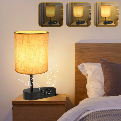 Bedside Table Lamp with Bluetooth and Alarm Clock Function Fabric Music Player Table Lamp Three Color Adjusted for Living Room