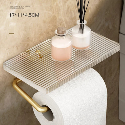 Toilet Paper Holder with Shelf - Wall Mount Bathroom Paper Roll Holder Rustproof Acrylic & Aluminum Toilet Tissue Holder Gold