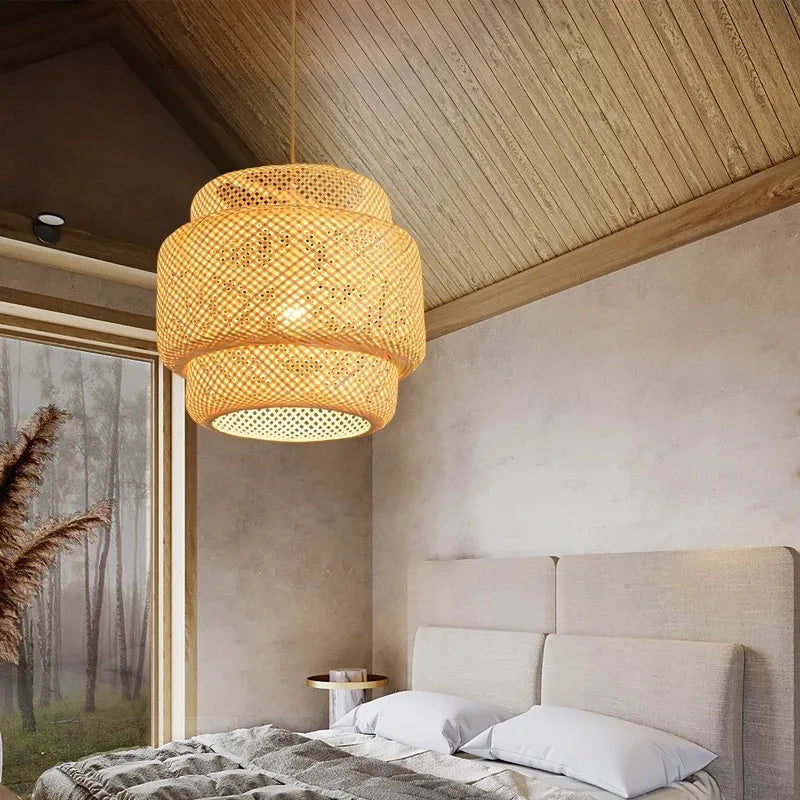 38CM Bamboo Lantern Pendent Light Natural Rattan Wicker E27 Bulb Chandeliers Pendent Lamp Restaurant Home Decorative Lighting