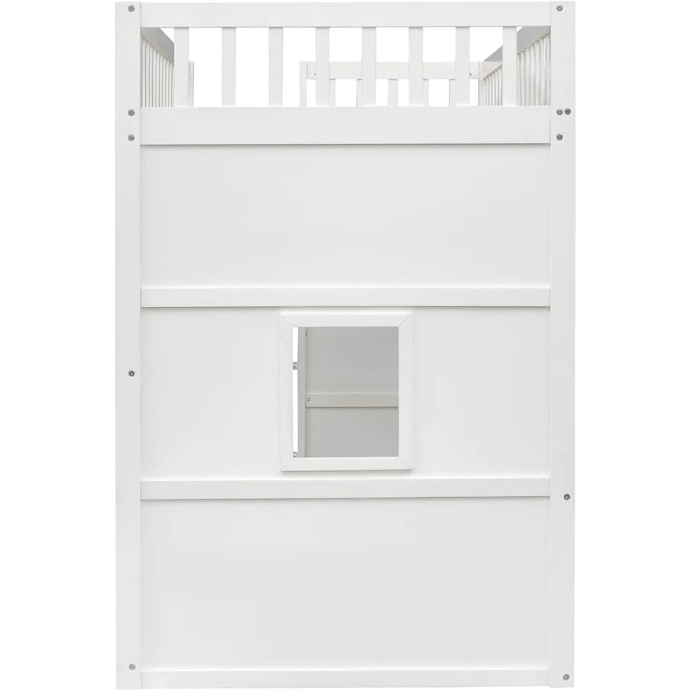 House Loft Bed Twin Kids Playhouse Bed, Solid Wood Loft Bed Frame with Window and Ladder, for Girls Boys (Twin Size, White)