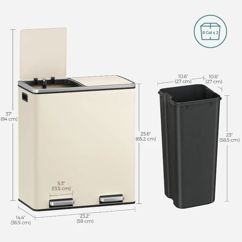 Trash Can, 2 x 8 Gallon (2 x 30 L) Garbage Can for Kitchen, with 15 Trash Bags, 2 Compartments, Plastic Inner Buckets