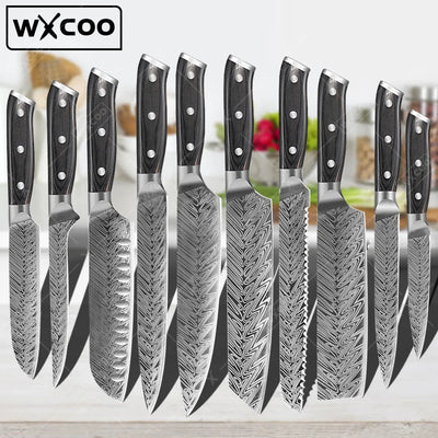 WXCOO Professional Kitchen Chef Knives Set Stainless Steel Boning Knife Damascus Steel Pattern Cleaver Fruit Bread Santoku Knife