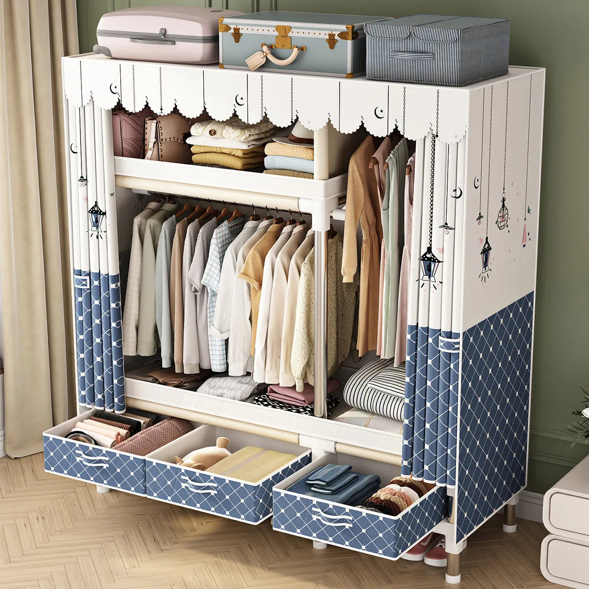 Bedroom Clothes Hanging Storage Wardrobe Dormitory Storage Cabinet Simple Cloth Wardrobe Fabric Steel Assembly Closet