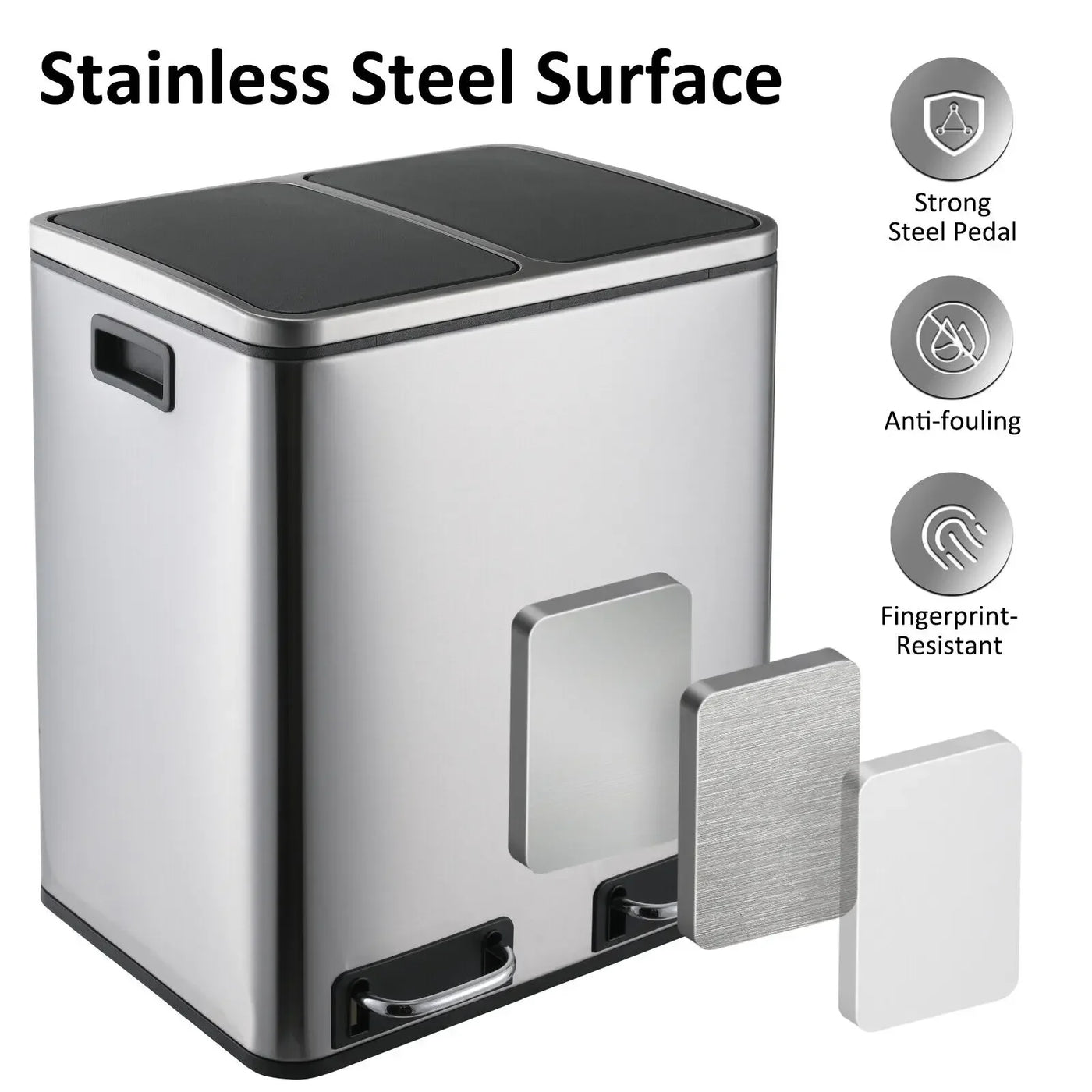 Kitchen Trash Can with Foot Pedal Soft-Close Stainless Steel Smudge Resistant Garbage Bin, 30L/48L,Dual Compartment,Soft Closure