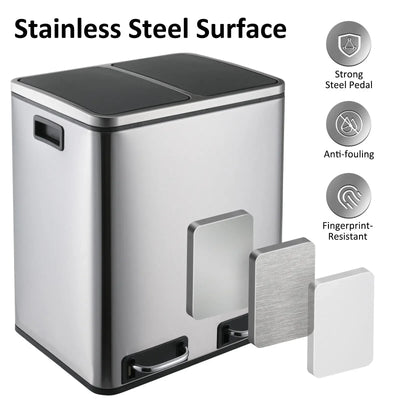 Kitchen Trash Can with Foot Pedal Soft-Close Stainless Steel Smudge Resistant Garbage Bin, 30L/48L,Dual Compartment,Soft Closure