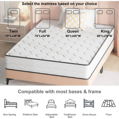 Queen Size Mattress with Innerspring and Foam, Fiberglass Free, Pressure Relief, 10 Inch Medium Firm Spring Mattress