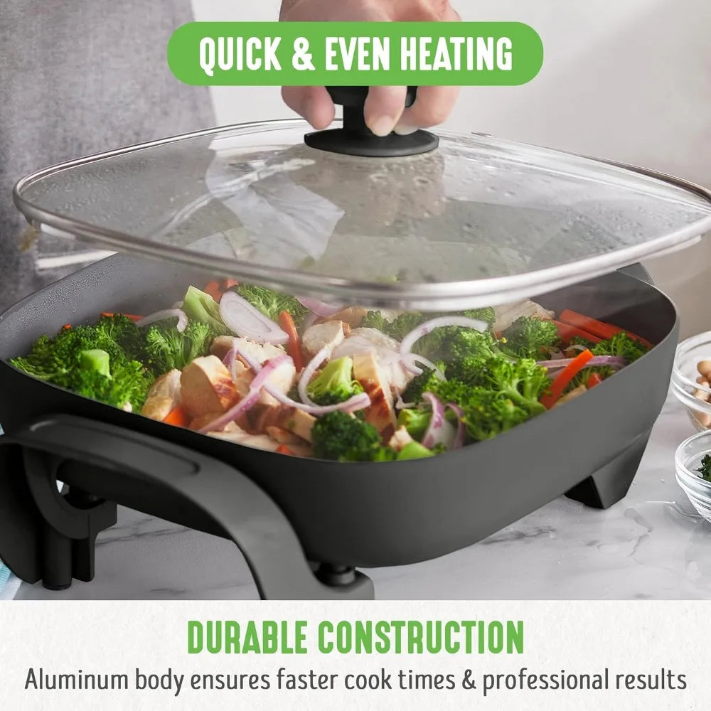 5QT Square Electric Skillet, Healthy Ceramic Nonstick with Glass Lid, Dishwasher Safe, Adjustable Temperature Control, PFAS-Free