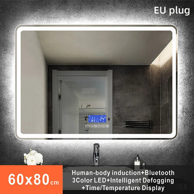 Rectangle Bluetooth Smart Bathroom Makeup Mirror With LED Warm White Light human body induction Anti-fog Beauty Mirrors