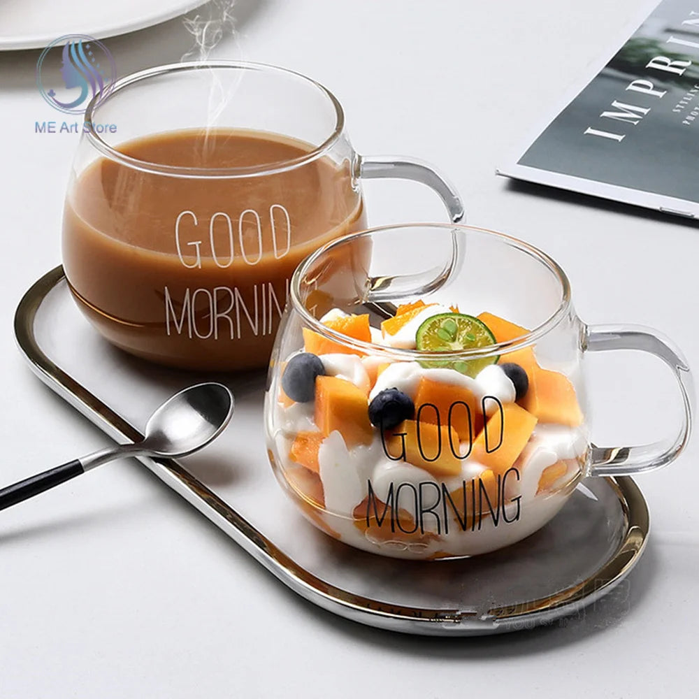 Round Glass Cup Letter Printed Good Morning Transparent Creative Glass Coffee Tea Drinks Dessert Breakfast Milk Cup Glass Mugs