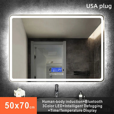 Rectangle Bluetooth Smart Bathroom Makeup Mirror With LED Warm White Light human body induction Anti-fog Beauty Mirrors