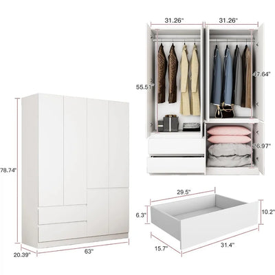 78.74" 4-Door Armoire Wardrobe Closet, with Drawers and Shelves,Armoires and Wardrobes with Hanging Rod, Wooden Wardrobe Closet