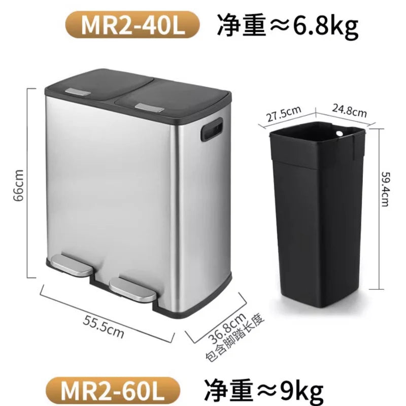 Kitchen Classification Garbage Bin 2-in-1 Household Dry Wet Separation Stainless Steel Pedal Double Bin with Lid Large Capacity