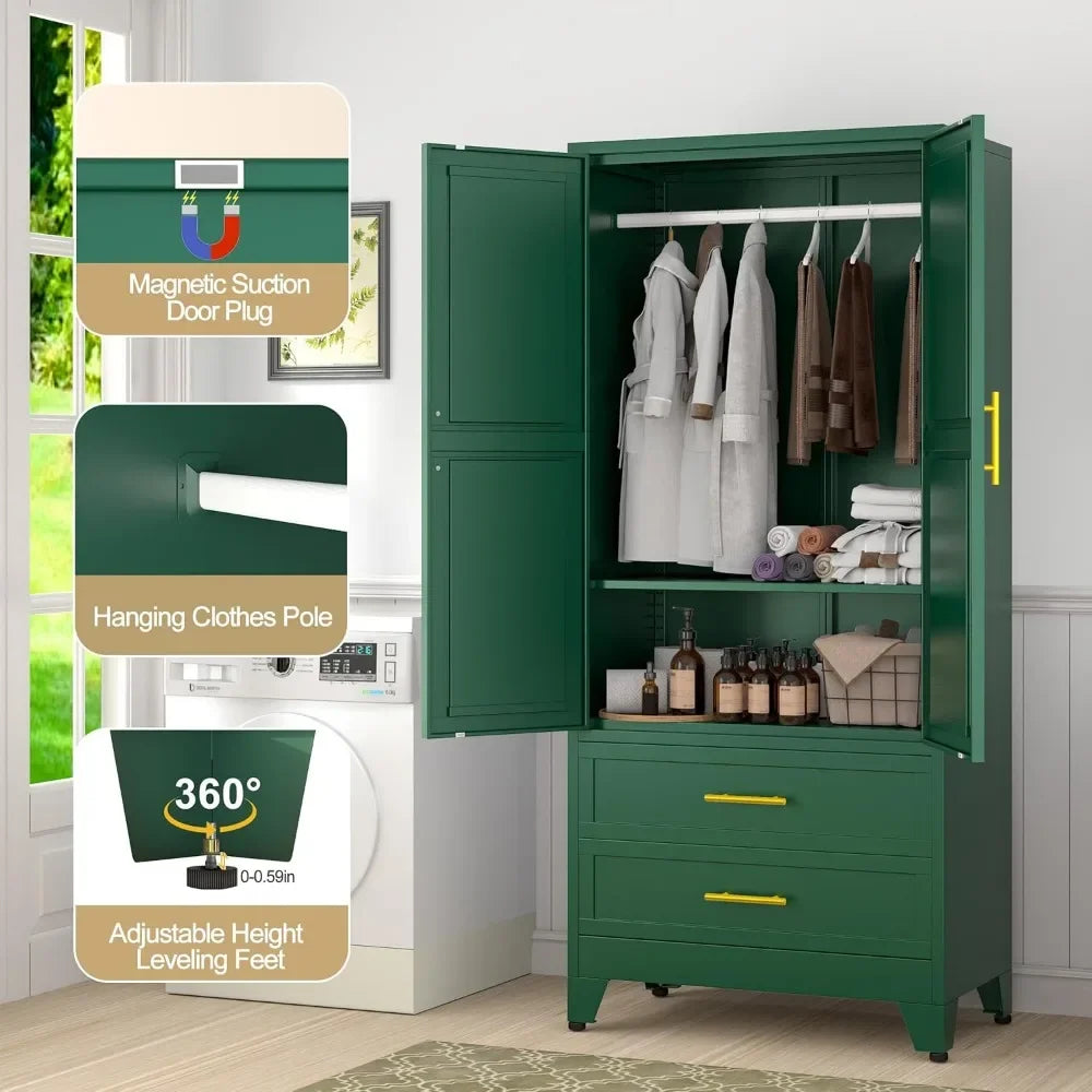 Metal Clothing Storage Cabinets with  Doors  Adjustable Shelf and  Drawers Metal Wardrobe Cabinet with Hanging Rod