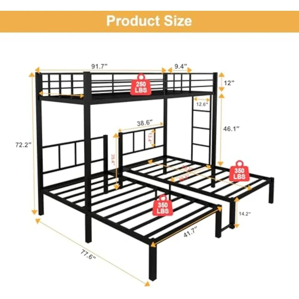 Twin Over Twin & Twin Bunk Beds for 3, Triple Bunk Bed for 3 with Guardrails, Ladder & Upper-Bed Platform, for Children