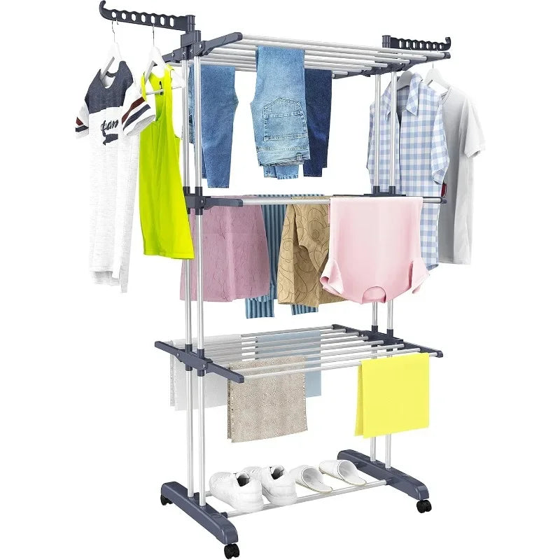 Clothes Drying Rack, Oversized 4-Tier(67.7" High) Foldable Stainless Steel Movable Drying Rack with 4 castors